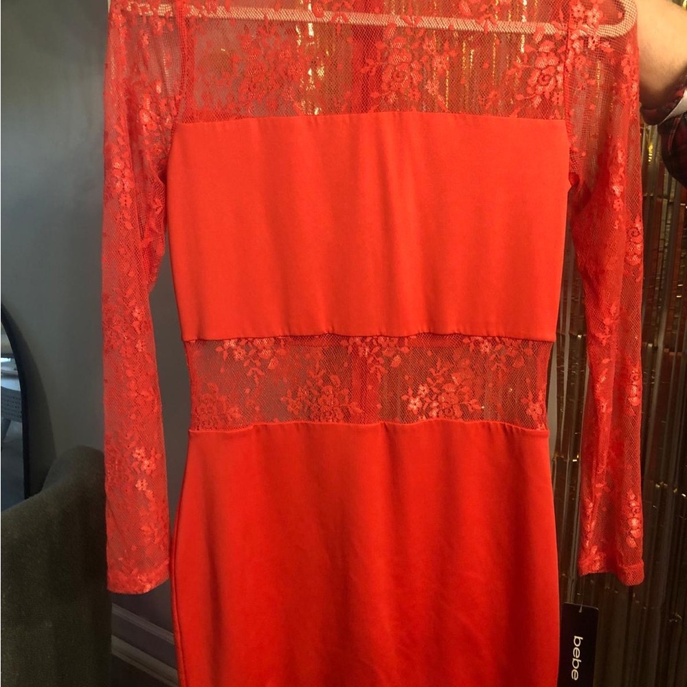 Bebe Vibrant Red Lace Long Sleeve Dress
